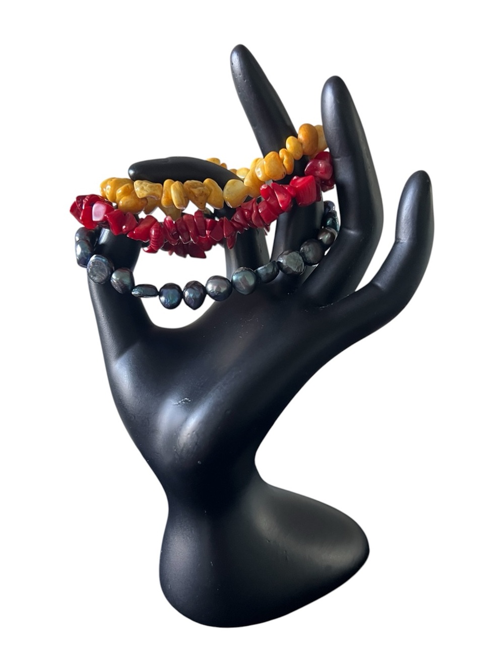 3pc Dyed Black Baroque Pearl, Red Coral, Dyed Yellow Shell Stretch Bracelets